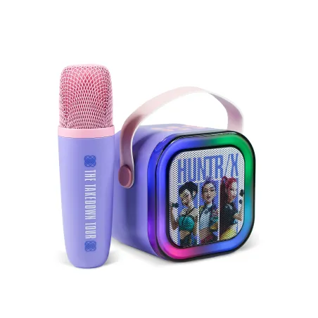 KARAOKE INALÁMBRICO KPOP DEMON HUNTERS HUNTRIX LILA CON ALTAVOZ LED Y 1 MICRÓFONO BLUETOOTH 5.3 6 MODOS DE LUZ Y CAMBIADOR VOZ
