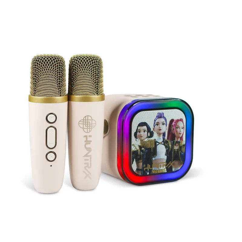 KARAOKE INALÁMBRICO KPOP DEMON HUNTERS HUNTRIX GOLDEN CON ALTAVOZ LED Y 2 MICRÓFONOS BLUETOOTH 5.3 6MODOS DE LUZ Y CAMBIADOR VOZ