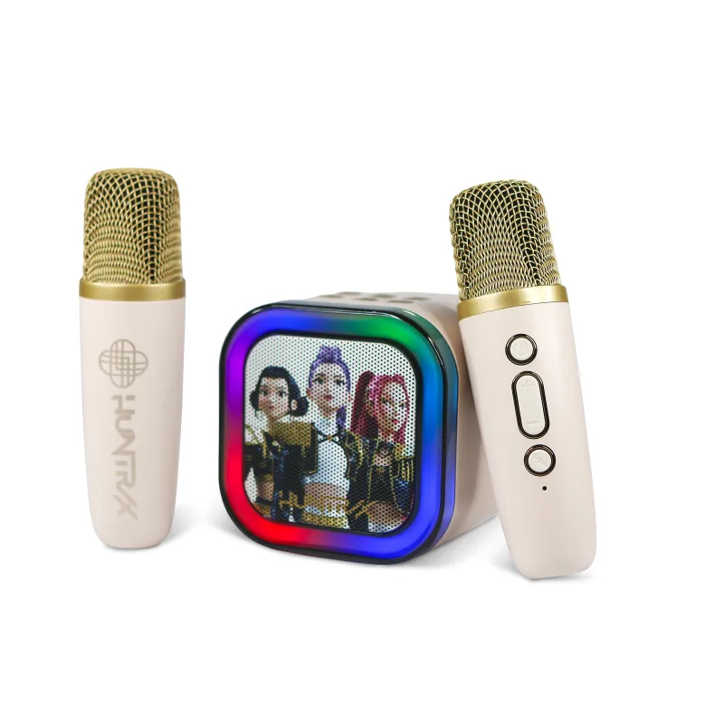 KARAOKE INALÁMBRICO KPOP DEMON HUNTERS HUNTRIX GOLDEN CON ALTAVOZ LED Y 2 MICRÓFONOS BLUETOOTH 5.3 6MODOS DE LUZ Y CAMBIADOR VOZ