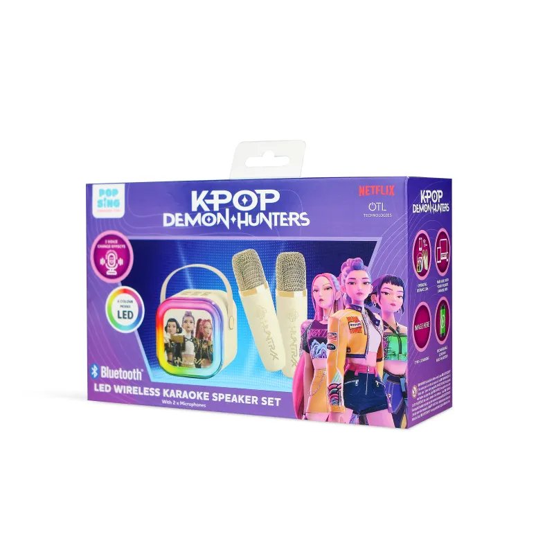 KARAOKE INALÁMBRICO KPOP DEMON HUNTERS HUNTRIX GOLDEN CON ALTAVOZ LED Y 2 MICRÓFONOS BLUETOOTH 5.3 6MODOS DE LUZ Y CAMBIADOR VOZ