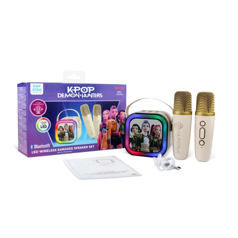 KARAOKE INALÁMBRICO KPOP DEMON HUNTERS HUNTRIX GOLDEN CON ALTAVOZ LED Y 2 MICRÓFONOS BLUETOOTH 5.3 6MODOS DE LUZ Y CAMBIADOR VOZ