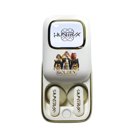 AURICULARES INALÁMBRICOS K-POP DEMON HUNTERS HUNTRIX GOLDEN CON ESTUCHE DESLIZANTE ILUMINADO COLOR CREMA Y ORO