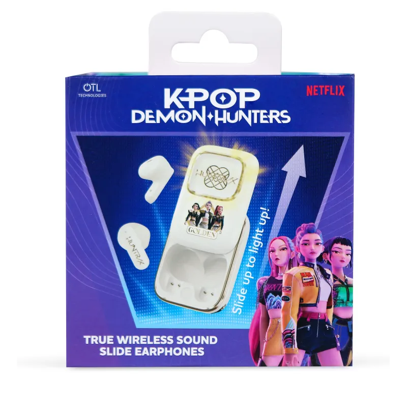 AURICULARES INALÁMBRICOS K-POP DEMON HUNTERS HUNTRIX GOLDEN CON ESTUCHE DESLIZANTE ILUMINADO COLOR CREMA Y ORO