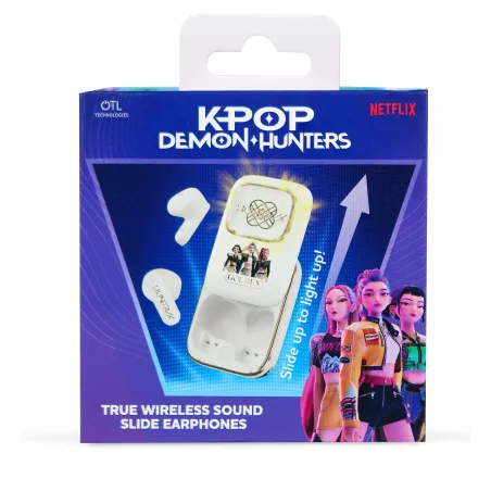 AURICULARES INALÁMBRICOS K-POP DEMON HUNTERS HUNTRIX GOLDEN CON ESTUCHE DESLIZANTE ILUMINADO COLOR CREMA Y ORO