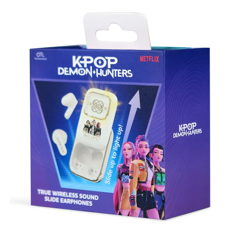AURICULARES INALÁMBRICOS K-POP DEMON HUNTERS HUNTRIX GOLDEN CON ESTUCHE DESLIZANTE ILUMINADO COLOR CREMA Y ORO