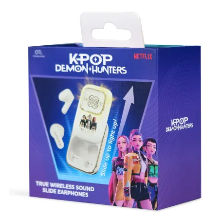 AURICULARES INALÁMBRICOS K-POP DEMON HUNTERS HUNTRIX GOLDEN CON ESTUCHE DESLIZANTE ILUMINADO COLOR CREMA Y ORO