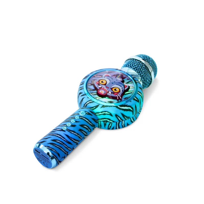 MICRÓFONO KARAOKE CON ALTAVOZ BLUETOOTH KPOP DEMON HUNTERS DERPY CON LUCES LED COLOR AZUL ANIMAL PRINT