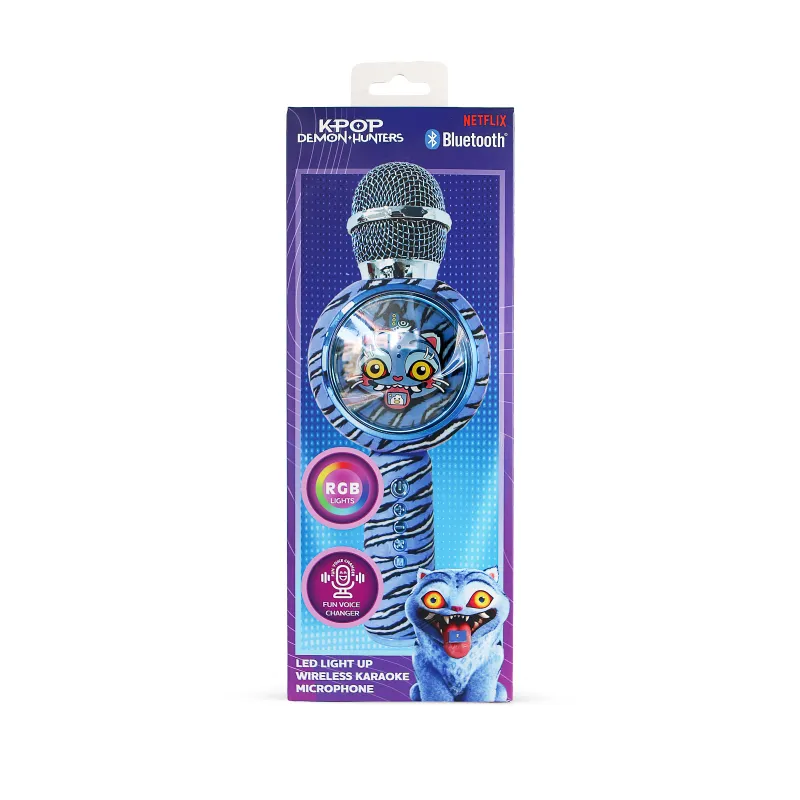 MICRÓFONO KARAOKE CON ALTAVOZ BLUETOOTH KPOP DEMON HUNTERS DERPY CON LUCES LED COLOR AZUL ANIMAL PRINT