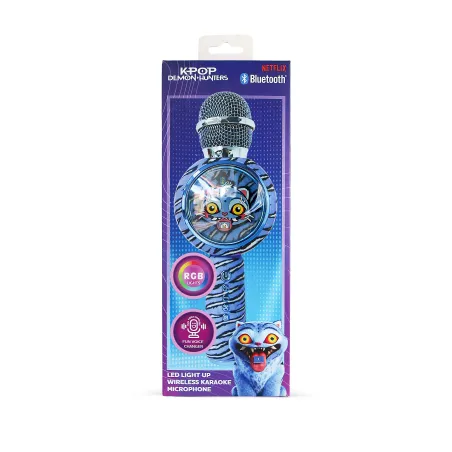 MICRÓFONO KARAOKE CON ALTAVOZ BLUETOOTH KPOP DEMON HUNTERS DERPY CON LUCES LED COLOR AZUL ANIMAL PRINT
