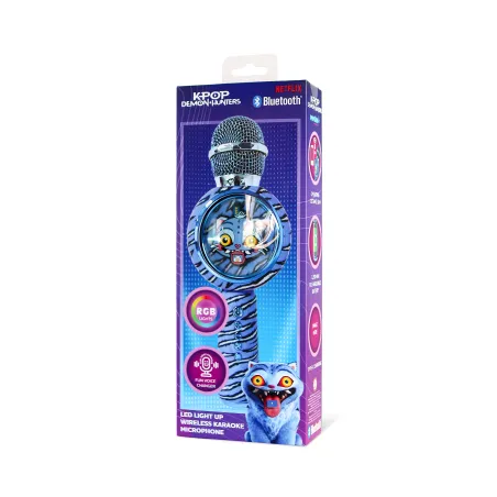 MICRÓFONO KARAOKE CON ALTAVOZ BLUETOOTH KPOP DEMON HUNTERS DERPY CON LUCES LED COLOR AZUL ANIMAL PRINT