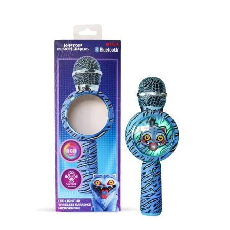 MICRÓFONO KARAOKE CON ALTAVOZ BLUETOOTH KPOP DEMON HUNTERS DERPY CON LUCES LED COLOR AZUL ANIMAL PRINT