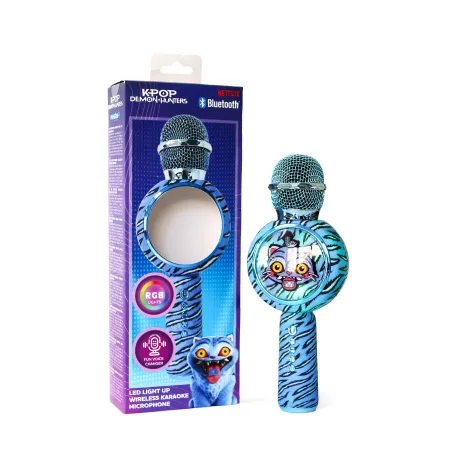MICRÓFONO KARAOKE CON ALTAVOZ BLUETOOTH KPOP DEMON HUNTERS DERPY CON LUCES LED COLOR AZUL ANIMAL PRINT