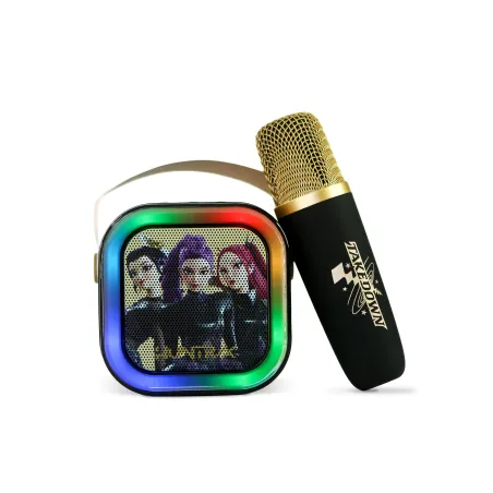 KARAOKE INALÁMBRICO KPOP DEMON HUNTERS HUNTRIX NEGRO CON ALTAVOZ LED Y 1 MICRÓFONO  BLUETOOTH 5.3  6 MODOS DE LUZ  CAMBIADOR VOZ