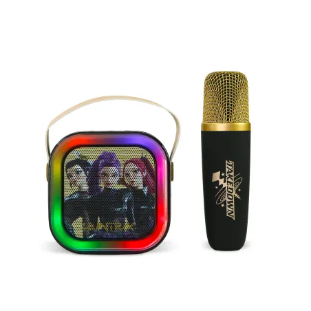 KARAOKE INALÁMBRICO KPOP DEMON HUNTERS HUNTRIX NEGRO CON ALTAVOZ LED Y 1 MICRÓFONO  BLUETOOTH 5.3  6 MODOS DE LUZ  CAMBIADOR VOZ