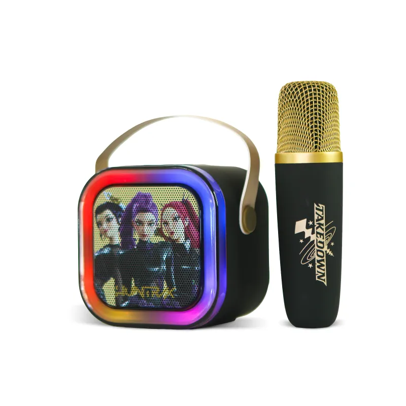 KARAOKE INALÁMBRICO KPOP DEMON HUNTERS HUNTRIX NEGRO CON ALTAVOZ LED Y 1 MICRÓFONO  BLUETOOTH 5.3  6 MODOS DE LUZ  CAMBIADOR VOZ