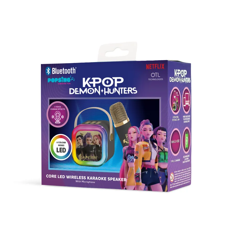 KARAOKE INALÁMBRICO KPOP DEMON HUNTERS HUNTRIX NEGRO CON ALTAVOZ LED Y 1 MICRÓFONO  BLUETOOTH 5.3  6 MODOS DE LUZ  CAMBIADOR VOZ
