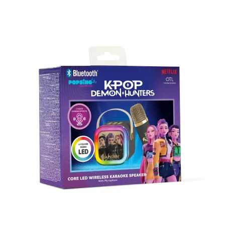 KARAOKE INALÁMBRICO KPOP DEMON HUNTERS HUNTRIX NEGRO CON ALTAVOZ LED Y 1 MICRÓFONO  BLUETOOTH 5.3  6 MODOS DE LUZ  CAMBIADOR VOZ