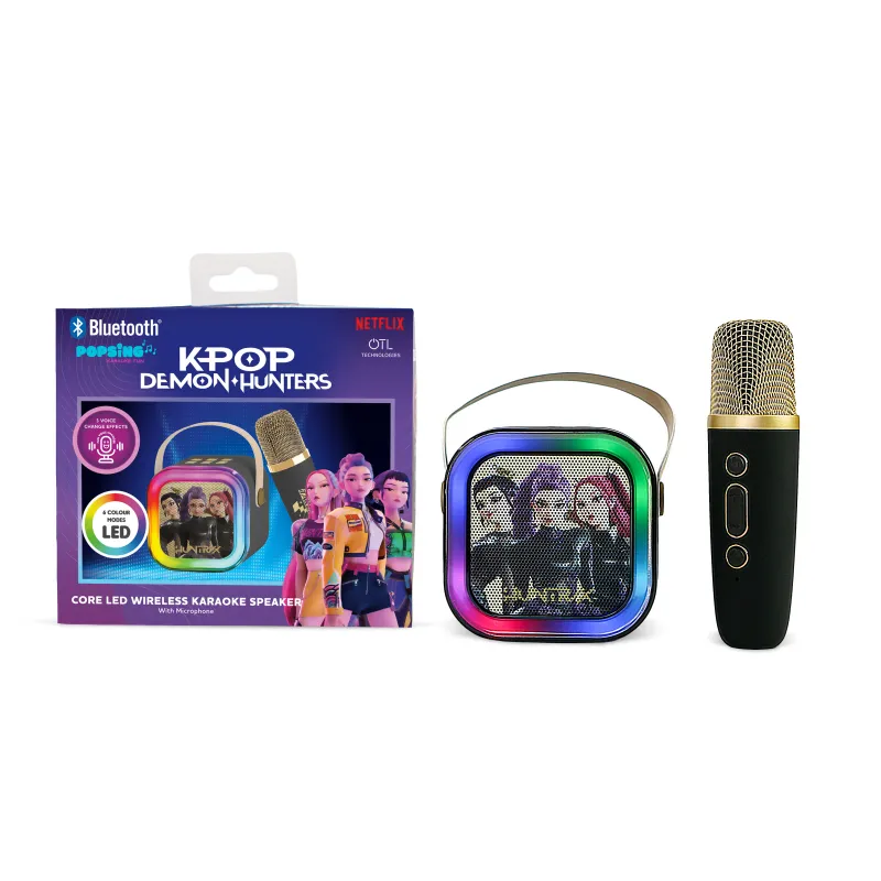 KARAOKE INALÁMBRICO KPOP DEMON HUNTERS HUNTRIX NEGRO CON ALTAVOZ LED Y 1 MICRÓFONO  BLUETOOTH 5.3  6 MODOS DE LUZ  CAMBIADOR VOZ