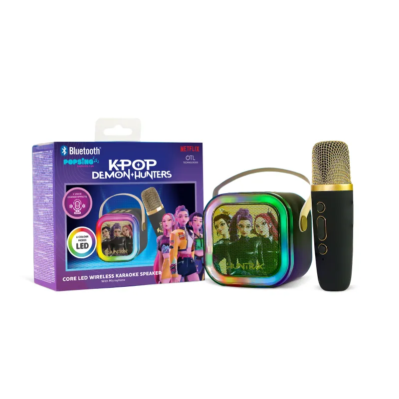 KARAOKE INALÁMBRICO KPOP DEMON HUNTERS HUNTRIX NEGRO CON ALTAVOZ LED Y 1 MICRÓFONO  BLUETOOTH 5.3  6 MODOS DE LUZ  CAMBIADOR VOZ