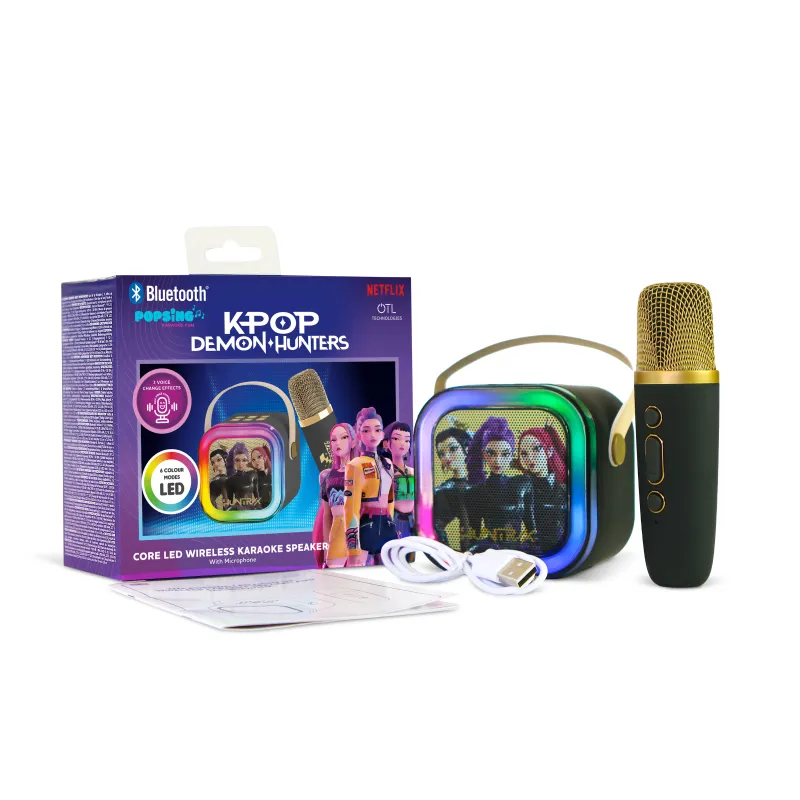 KARAOKE INALÁMBRICO KPOP DEMON HUNTERS HUNTRIX NEGRO CON ALTAVOZ LED Y 1 MICRÓFONO  BLUETOOTH 5.3  6 MODOS DE LUZ  CAMBIADOR VOZ