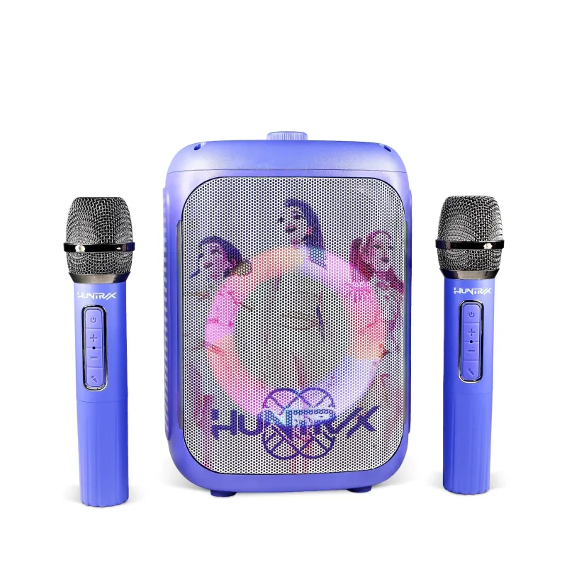 SET KARAOKE INALÁMBRICO K-POP DEMON HUNTERS HUNTRIX PARTY LED CON 2 MICRÓFONOS BLUETOOTH 5.3 LUCES LED Y CAMBIADOR DE VOZ
