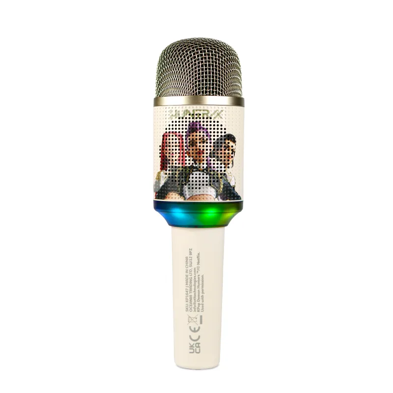 MICRÓFONO KARAOKE INALÁMBRICO KPOP DEMON HUNTERS HUNTRIX GOLDEN CON ALTAVOZ Y LUCES LED BLUETOOTH 5.3 CAMBIADOR DE VOZ HASTA 5 H