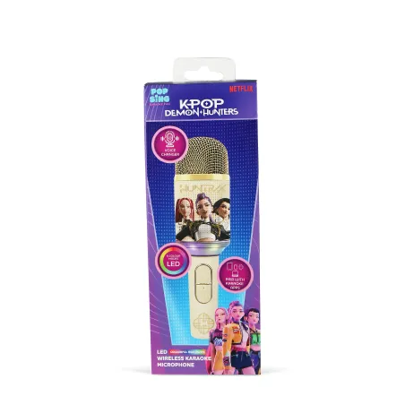 MICRÓFONO KARAOKE INALÁMBRICO KPOP DEMON HUNTERS HUNTRIX GOLDEN CON ALTAVOZ Y LUCES LED BLUETOOTH 5.3 CAMBIADOR DE VOZ HASTA 5 H