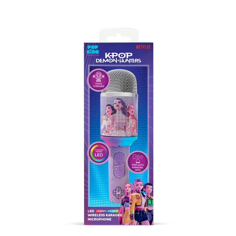 MICRÓFONO KARAOKE INALÁMBRICO KPOP DEMON HUNTERS HUNTRIX FINALE CON ALTAVOZ Y LUCES LED BLUETOOTH 5.3 CAMBIADOR DE VOZ HASTA 5 H