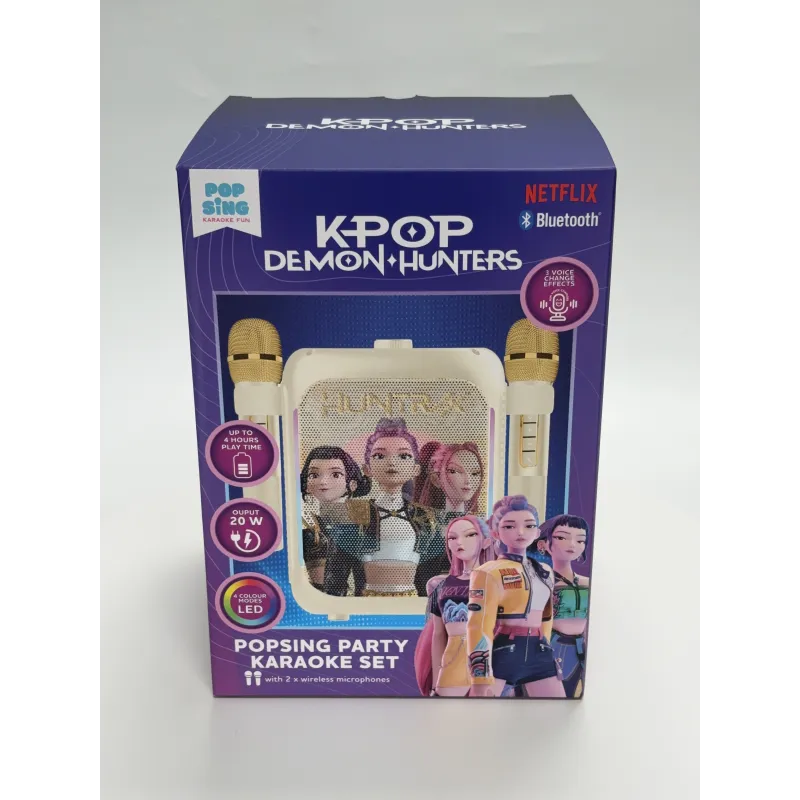 SET KARAOKE INALÁMBRICO KPOP DEMON HUNTERS HUNTRIX GOLDEN CON 2 MICRÓFONOS BLUETOOTH 5.3 LUCES LED E CAMBIADOR DE VOZ