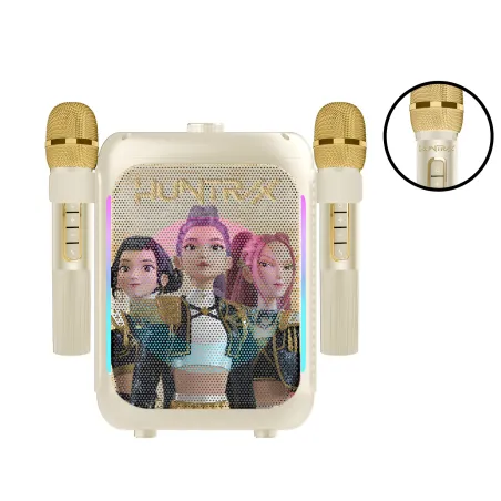 SET KARAOKE INALÁMBRICO KPOP DEMON HUNTERS HUNTRIX GOLDEN CON 2 MICRÓFONOS BLUETOOTH 5.3 LUCES LED E CAMBIADOR DE VOZ