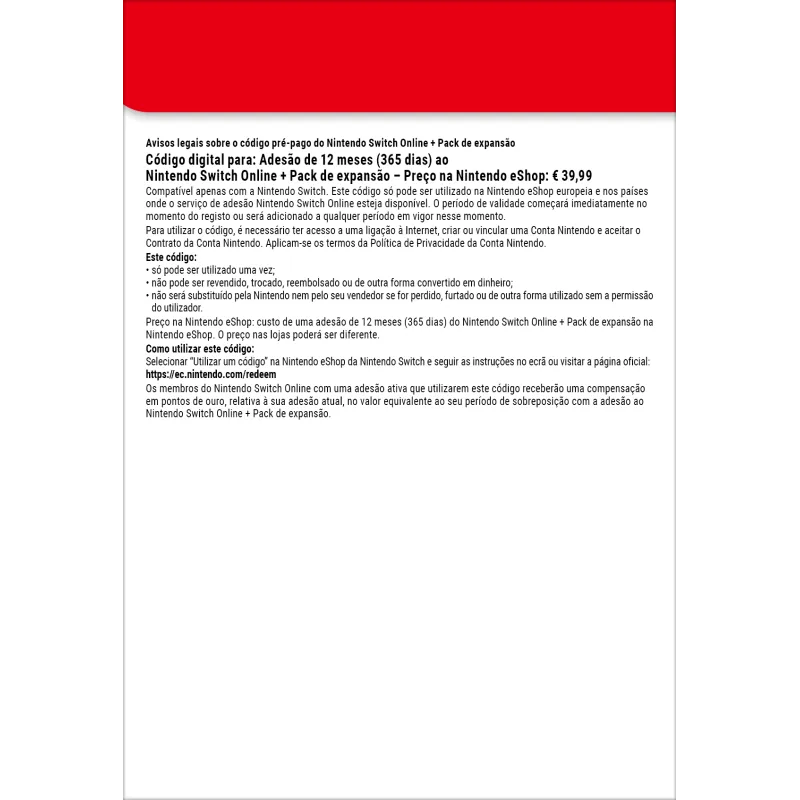 Nintendo Switch Online + Pack de expansão (Adesão individual)