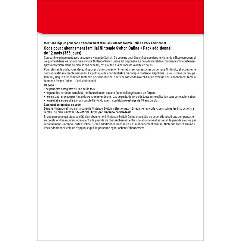 Nintendo Switch Online + Pack additionnel (Abonnement familial)