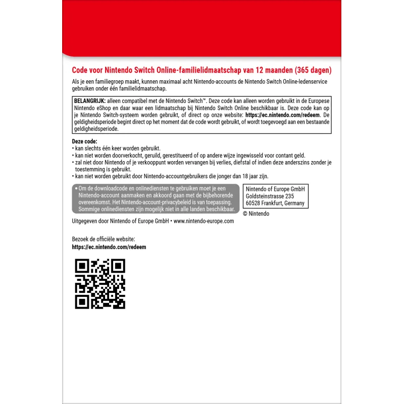 Nintendo Switch Online (Familielidmaatschap - 12 maanden)