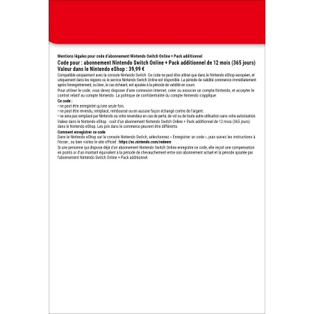 Nintendo Switch Online + Pack additionnel (Abonnement individuel)