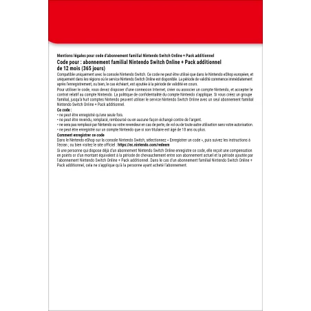 Nintendo Switch Online + Pack additionnel (Abonnement familial)