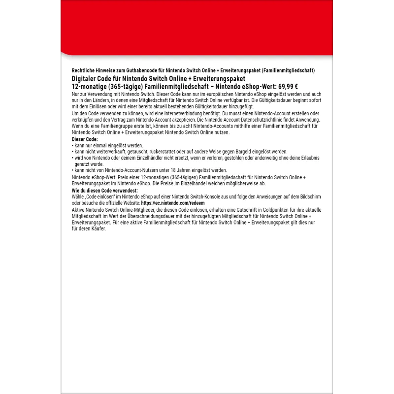 Nintendo Switch Online + Erweiterungspaket (Familienmitgliedschaft)