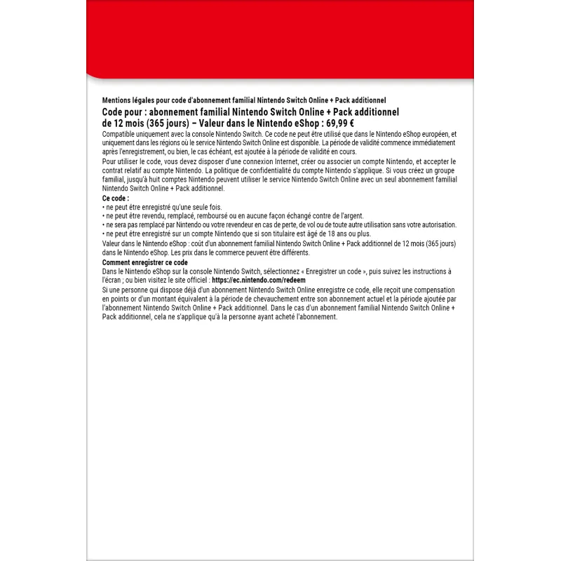Nintendo Switch Online + Pack additionnel (Abonnement familial)