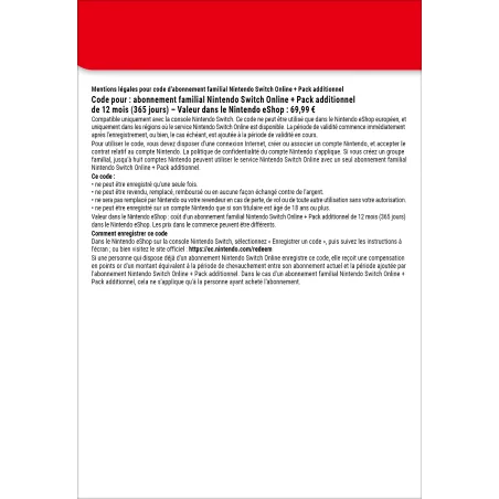Nintendo Switch Online + Pack additionnel (Abonnement familial)