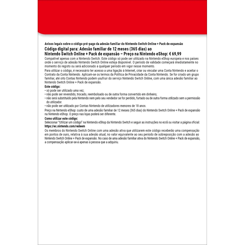 Nintendo Switch Online + Pack de expansão (Adesão familiar)