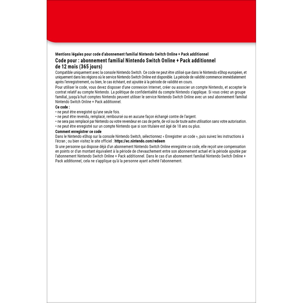 Nintendo Switch Online + Pack additionnel (Abonnement familial)